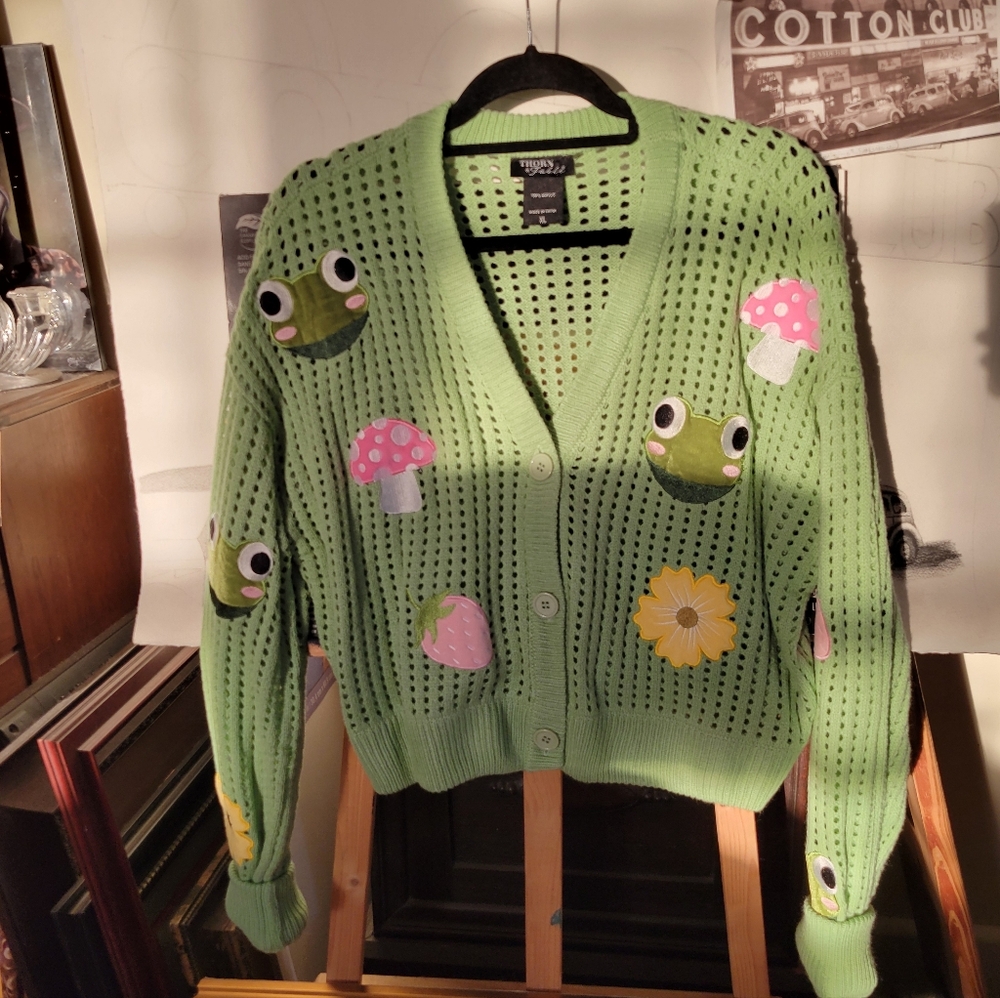 Shein Green Cardigan with Frog and Mushroom, Strawberries, Flowers and  Accents.